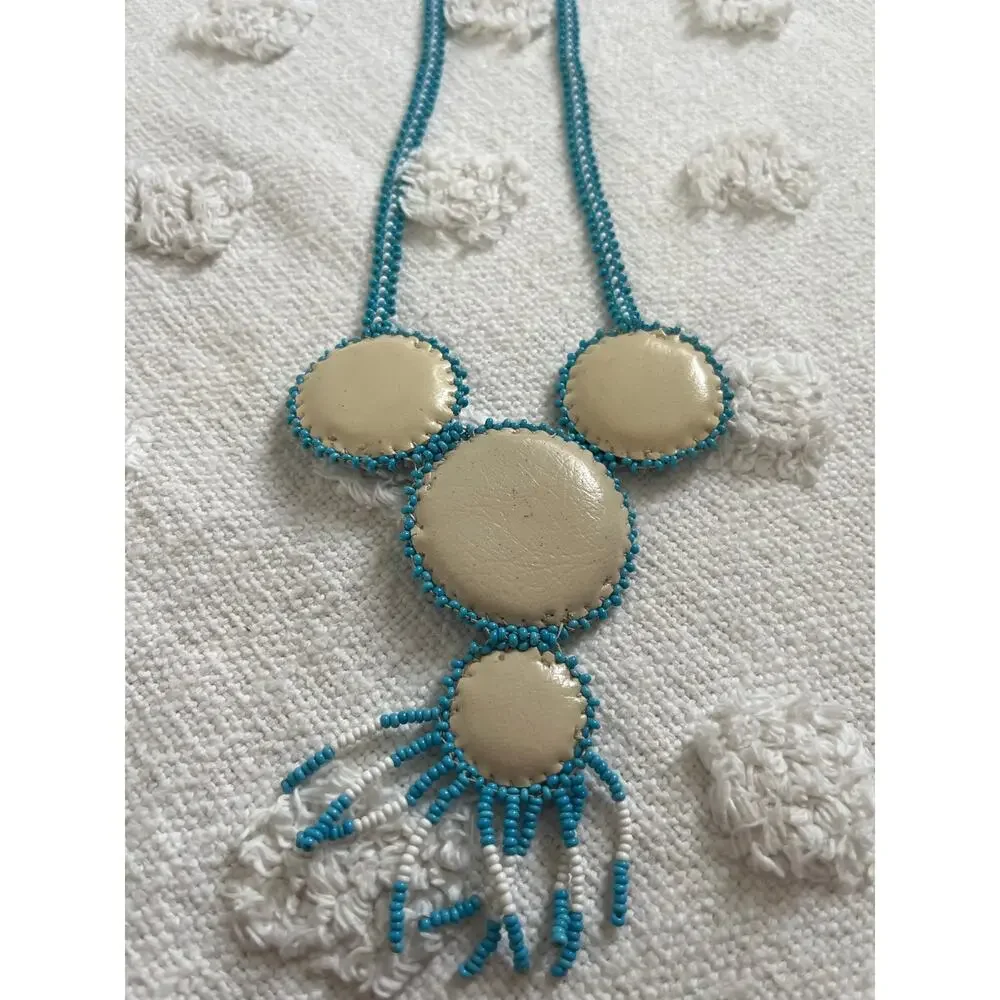 Vintage 60s Native American Medallion Necklace Seed Beaded Starburst Fringe